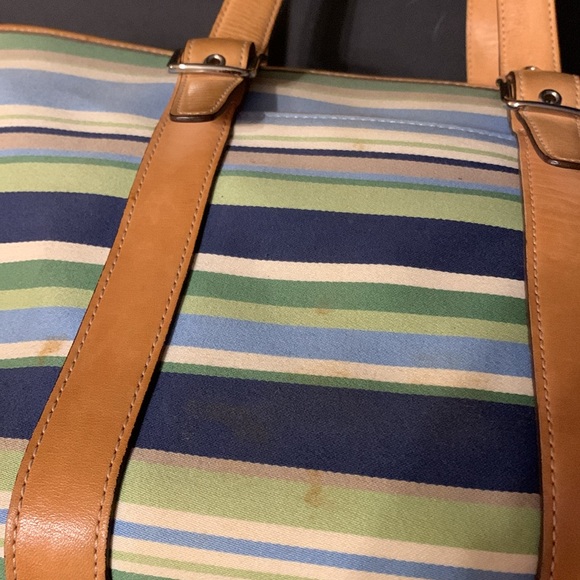 Authentic COACH Tote Bag Striped/Leather Trim. Blue/Green/ White. - Picture 2 of 9